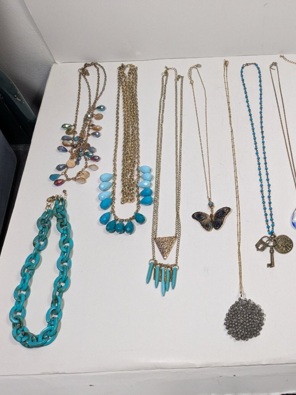 Gold Tone Statement Necklace Lot 12 Ready to Wear Fashion Jewelry Variety Blues